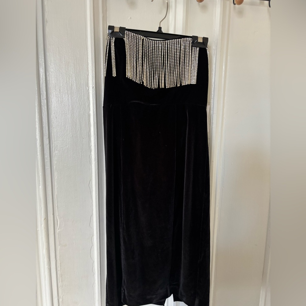 LPA Black Strapless Velvet Dress with Silver Fringe